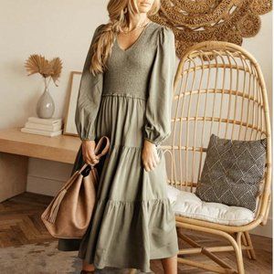 bohme SMOCKED TIERED MIDI DRESS IN SAGE size Small